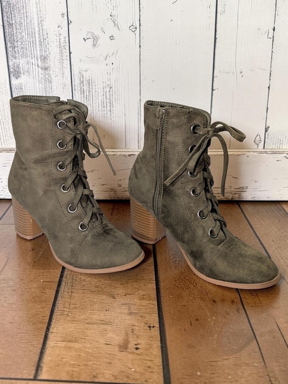 YOKI | Olive Green Lace Up Block Heel Ankle Boots Booties 8